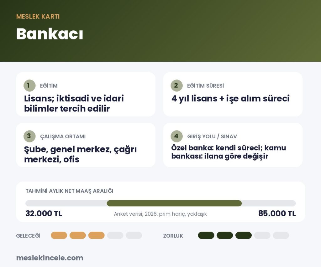 Bankacı meslek kartı: eğitim, süre, maaş aralığı ve gelecek puanı