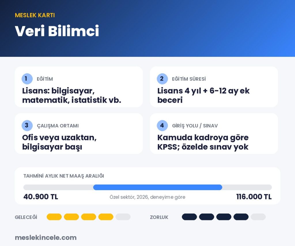 Veri Bilimci meslek kartı: eğitim, süre, maaş aralığı ve gelecek puanı
